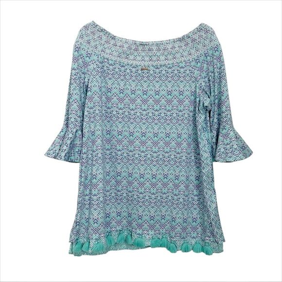 Cabana Life Blue and Green Off-shoulder Top with Tassel Hem - Picture 3 of 10